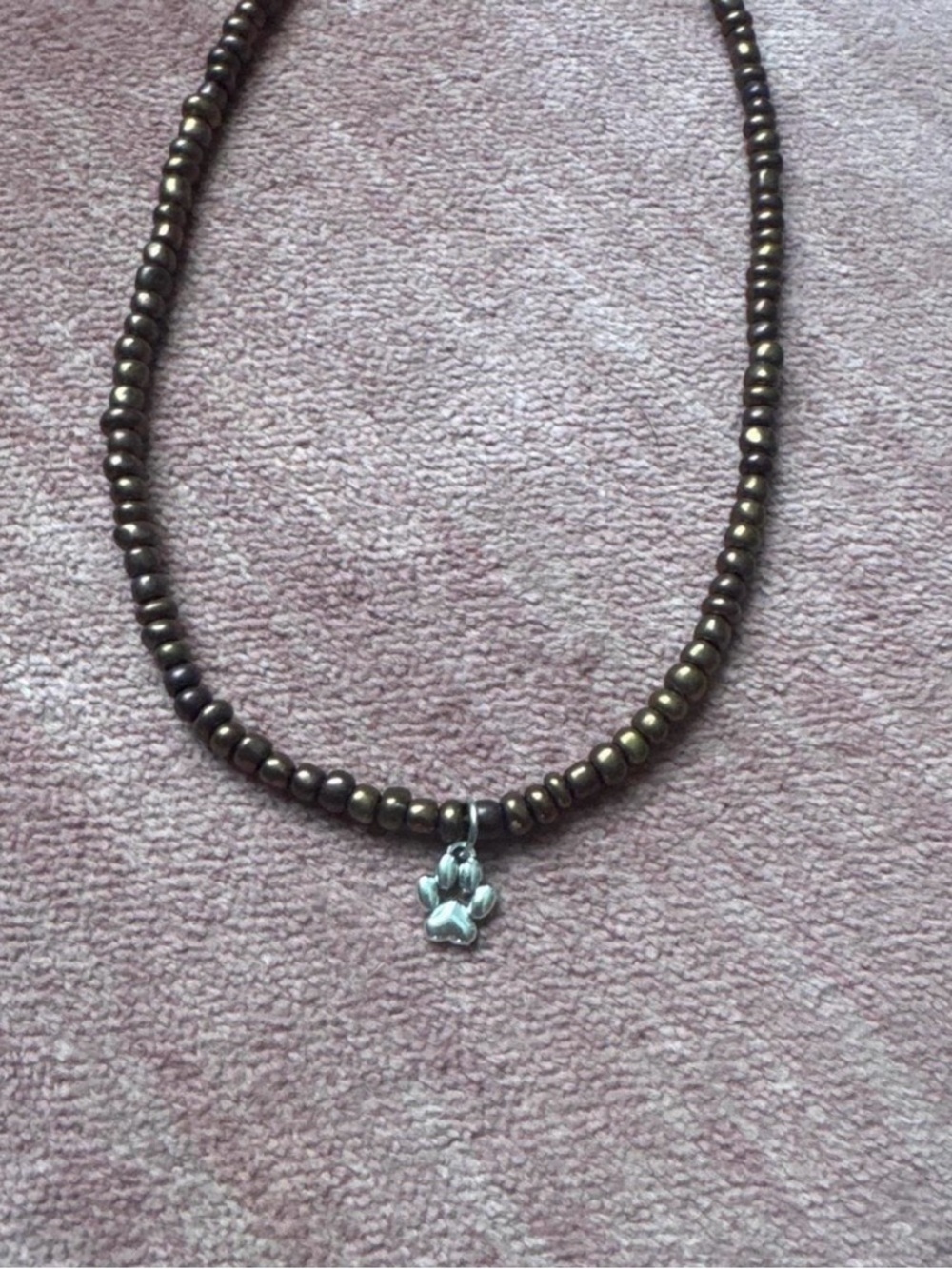 Handmade Brown Beaded Necklace with Silver Paw Charm